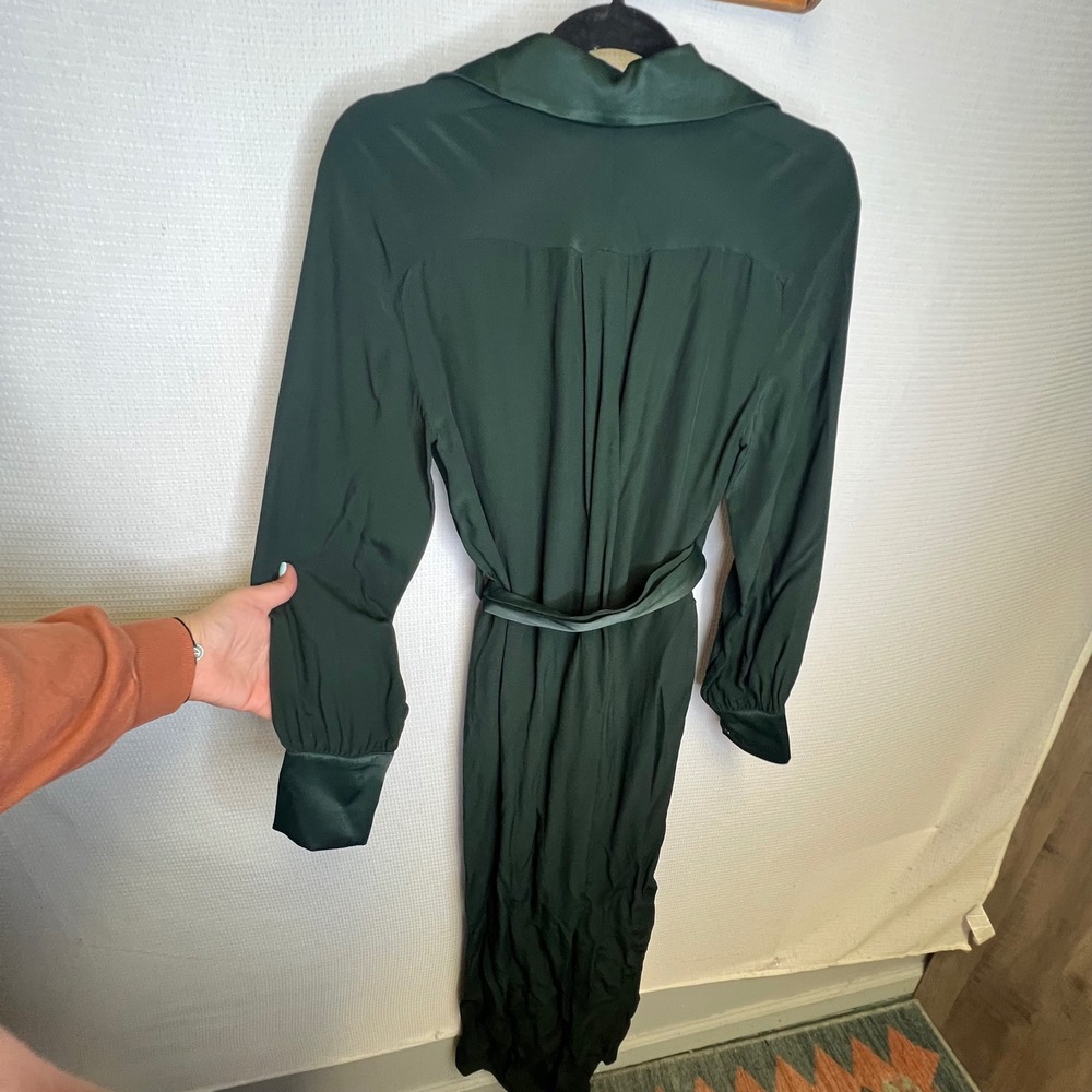 Banana Republic Womens XS Forest Green Satin Trim Tie Waist Midi Shirt Dress - Picture 3 of 7